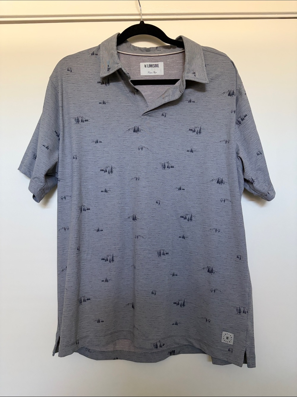 Linksoul Men's Light Heather Gray Polo with Tree and Mountain Print